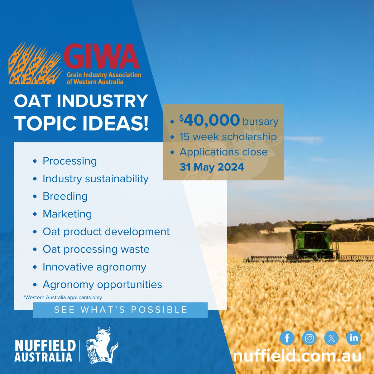 ARE YOU directly involved in the oats industry in Western Australia, if so apply for a 2025 Nuffield Scholarship, generously supported by @grainindustryWA

Apply today: nuffield.com.au/how-to-apply 

#nuffieldag #aussiefarmers #futurefarmers #oats #graingrowersWA