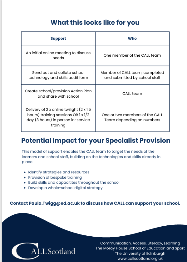 Did you know that we can provide a bespoke package of support for your Special School or Specialist Provision in Scotland?

Is Assistive and Communication Technology a PEF or SIP priority for 24-25?

Please contact us and ask for Paula our office manager to discuss this further.