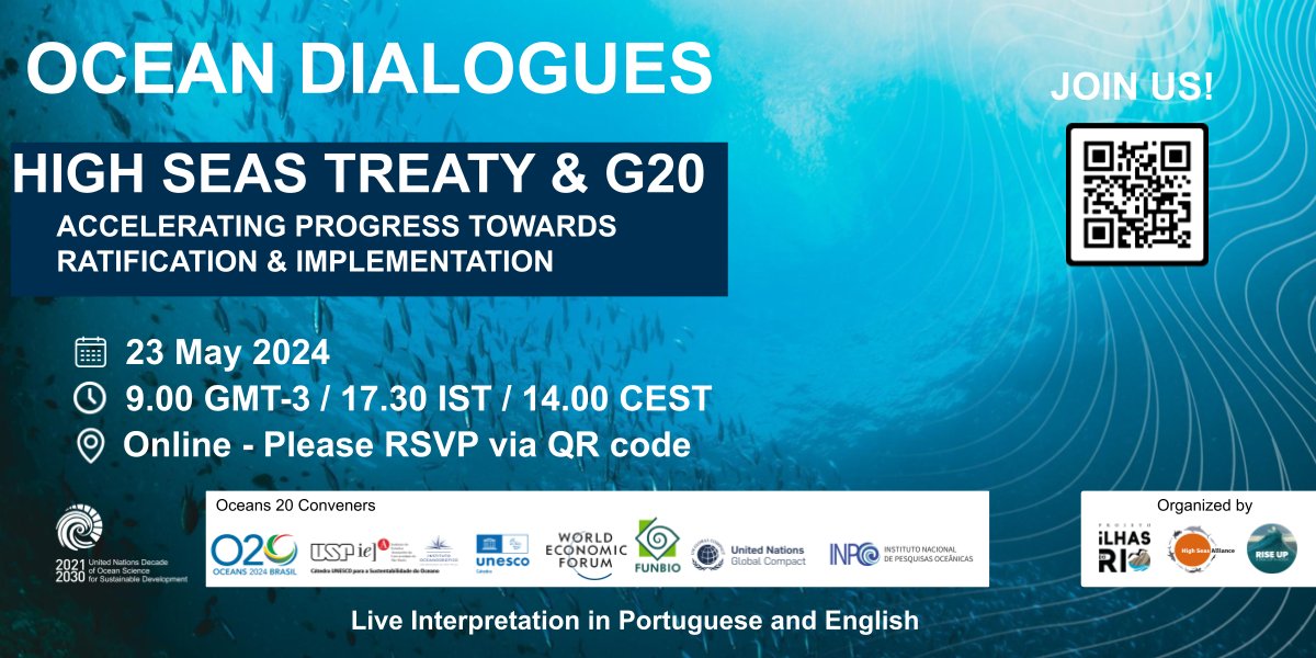 🗓️ In collaboration with @HighSeasAllianc, we invite you to our Ocean Dialogues. Experts and leaders will discuss how to accelerate the #RaceForRatification and share recommendations for the final policy brief for @g20org Oceans20. #G20Brazil Register ➡️ us06web.zoom.us/webinar/regist…