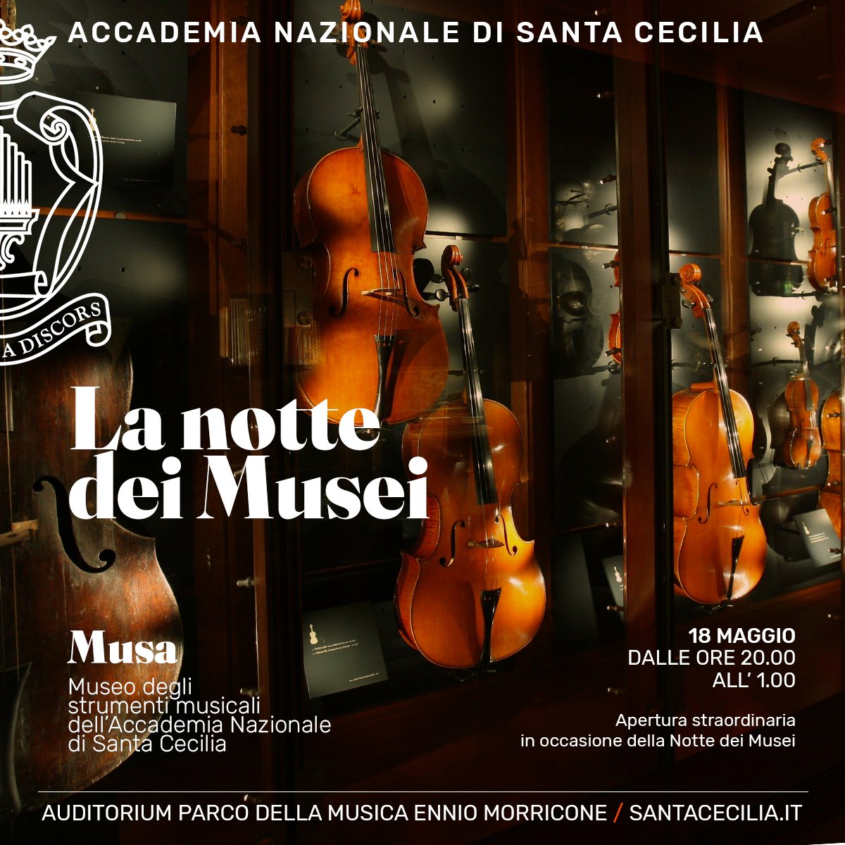 In occasione della Notte dei Musei, l’Accademia di Santa Cecilia aprirà, straordinariamente in orario serale, il #Museo degli Strumenti Musicali. 18 maggio dalle 20 all'1.00 (ultimo ingresso alle 00.30) #ndmroma2024 @museiincomune