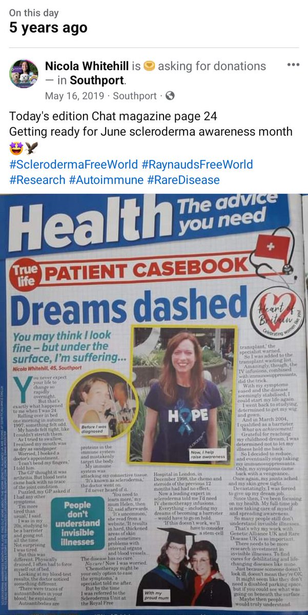 Delighted to have been featured in Chat magazine 2019. royalfreecharity.org/news/fundraisi…
#SclerodermaFreeWorld #RaynaudsFreeWorld 
#Research #Scleroderma #SystemicSclerosis #Raynauds #Autoimmune #RareDisease #NoCure #UnknownCause #LifeChanging #ConnectiveTissue #DreamSnatcher #Disability