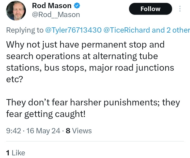 MrTibblesNewEra's tweet image. I can&apos;t see Tice etc being happy with being searched several times a day.
I would imagine the queues would be horrendous and London would grind to a halt.

@Rod__Mason 

#StopAndSearch