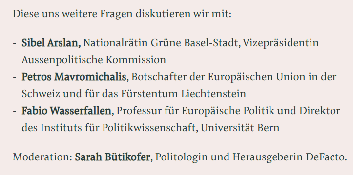 Am 23. Mai diskutieren um 18:30 @SibelArslanBS @MavromichalisEU und Fabio Wasserfallen von @IPWunibern mit Sarah Bütikofer von @defactoexpert über die aktuellen Beziehungen Schweiz - EU. Anmeldung 📌bit.ly/3ym8wmV