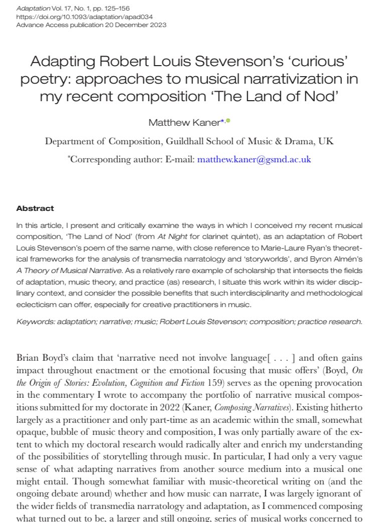 Matthew Kaner (@mattkaner) on Twitter photo Just republished in the latest volume of Adaptation – my article on adapting Robert Louis Stevenson’s poetry in my clarinet quintet. Visit doi.org/10.1093/adapta… to view (or DM me for a free copy). Just republished in the latest volume of Adaptation – my article on adapting Robert Louis Stevenson’s poetry in my clarinet quintet. Visit doi.org/10.1093/adapta… to view (or DM me for a free copy).