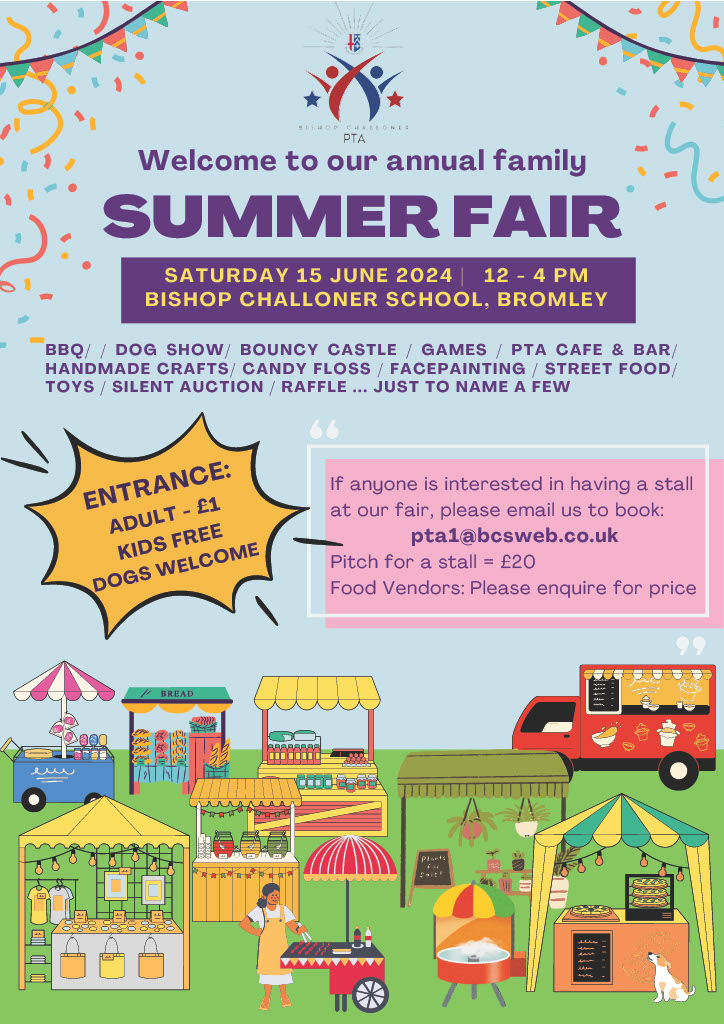 🎉 Join us for a day of family fun at our School Summer Fair 🌞 Save the date: Saturday, June 15th, 2024, from 12pm to 4pm Get ready for delicious street food, exciting games, creative crafts, BBQ delights, face painting, a lively dog show, raffles, silent auctions, and more!