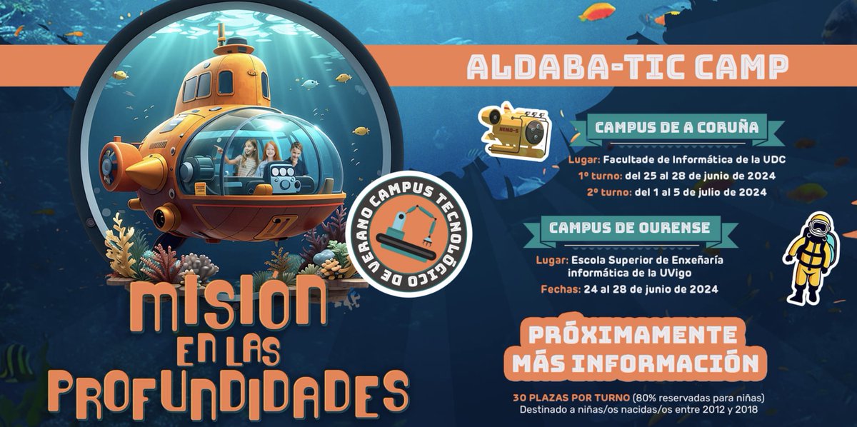 En marcha una segunda edición del ALDABA-TIC CAMP!! El campamento tecnológico impulsado por nuestra Cátedra. Buscamos tripulación para explorar el fondo del mar ¿Te apuntas? ¡Inscripciones el día 21 de mayo! @CSocialUDC <a href="/FIC_UDC/">Facultade de Informática da UDC</a> <a href="/eseiuvigo/">ESEI UVigo</a> <a href="/playcodeacademy/">Play Code Academy</a> #ConselloSocialUVigo