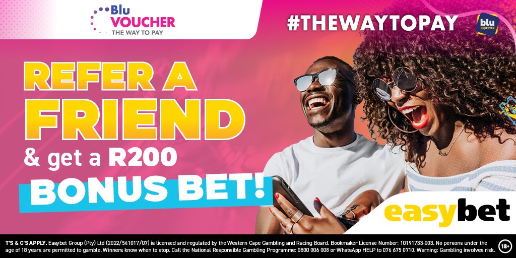 🚀 Elevate your game with BluVoucher! Tag your mates and score a R200 Bonus Bet for every friend who joins Easybet! They'll kick off with a R50 Sign-Up Bonus and 25 Free Spins on the house. Team up for the win 👉 bit.ly/200-RF #BluVoucherReferral 🌟