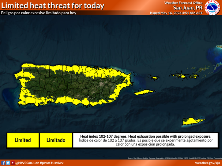 Para el día de hoy:
☀️Índices de calor de hasta 107° 
🌦️Aguaceros en la tarde a través del noroeste de PR
🏖️Riesgo bajo de corrientes marinas

For Today
☀️Heat Indices up to 107° 
🌦️PM showers over the NW PR
🏖️Low risk of rip currents 
#prwx #usviwx
