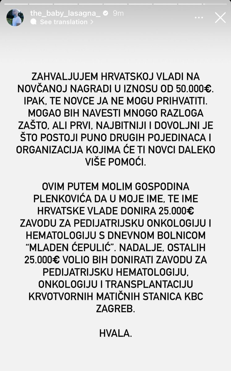 the croatian government rewarded baby lasagna 50 thousand euros as a reward for coming in second at eurovision and he refused to take it, thanked them and asked them to donate the money in his name to the departments of pediatric oncology and hematology. truly one of a kind 🥹🤍