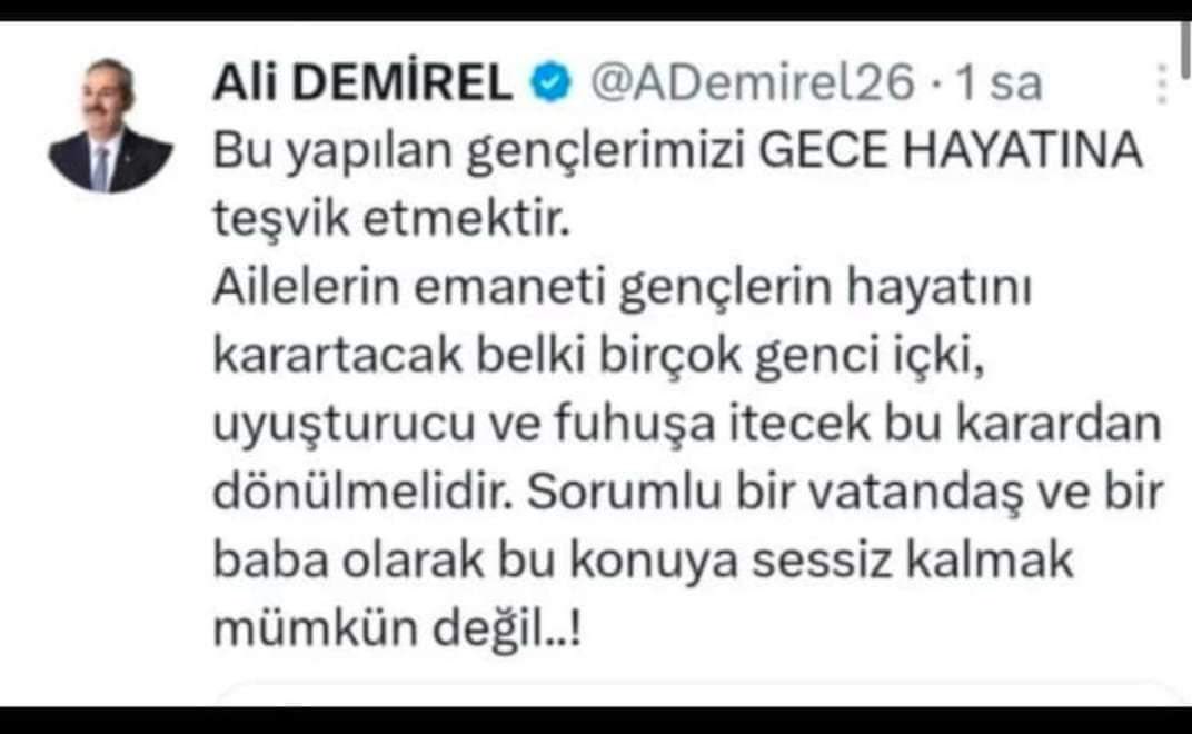 AKP 3. Sıra Milletvekili Adayı, MKYK Üyesi Ali Demirel… Ulaşım seferlerinin gece de devam etmesi kararına bakış açısı ekte… Zihniyetiniz batsın…