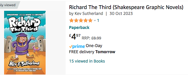 Super duper mega bargain alert! My Richard The Third graphic novel is on Amazon for just £4.97! That is cheaper than you can get them from me. Nab em now, Shakespeare loving Dog Man & Bunny Vs Monkey fans! amazon.co.uk/Richard-Third-…