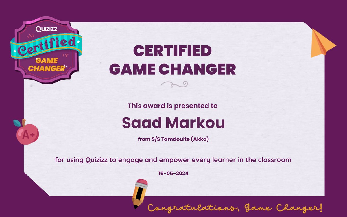 I just renew!! My Quizizz Certified Game Changer🚀
#Certificate 
quizizz.com/home/gamechang… via @quizizz 
#edtech #quizizz @MSEduMENA @MSEduAfrica @MicrosoftEDU #يوميات_معلم_مغربي