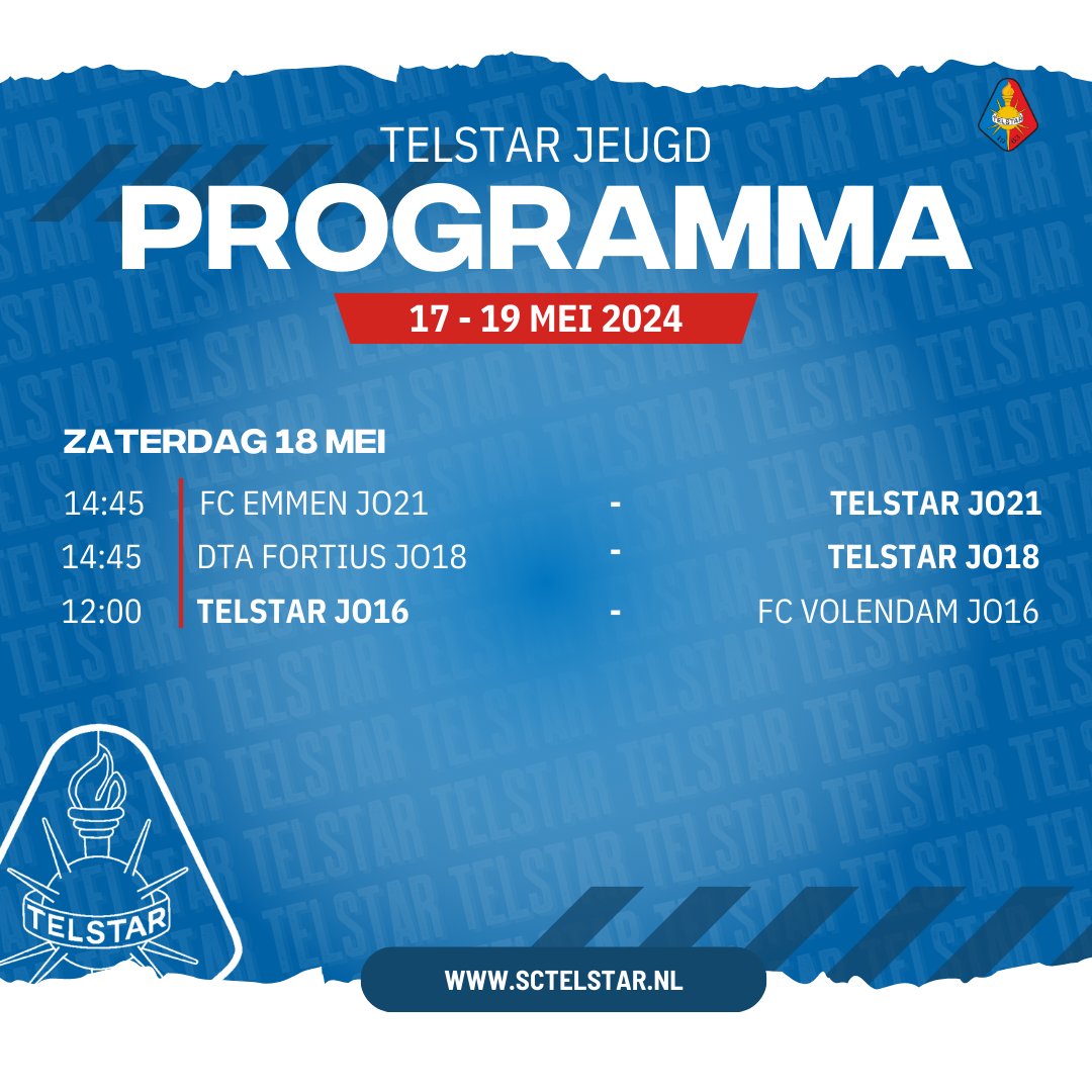 Zaterdag 18 mei spelen de jongensteams hun een-na-laatste wedstrijd van het seizoen. De JO21 mag aantreden tot De Oude Meerdijk en de JO16 speelt op Sportpark Zeewijk.

#WitteLeeuwen | <a href="/telstar1963nv/">Telstar 🦁</a>