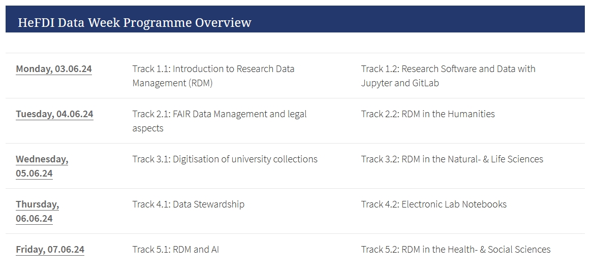 Jetzt anmelden zur "HeFDI Data Week" <a href="/He_FDI/">HeFDI - Hessian Research Data Infrastructures</a> vom 03. bis 07. Juni! Wir sind mit dabei im Track 1.2 "Research Software and Data with Jupyter and GitLab" mit drei Workshops zur Jupyter und GitLab Pages. Gesamtes Programm und Anmeldung: uni-marburg.de/szLGZs