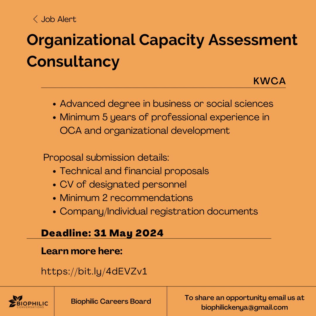 📢 Consultancy Opportunity with KWCA! 🌿 The Kenya Wildlife Conservancies Association (KWCA) is seeking a firm/agency/individual to undertake an Organizational Capacity Assessment (OCA). Application deadline : 31st May 2024 Apply here : bit.ly/4dEVZv1