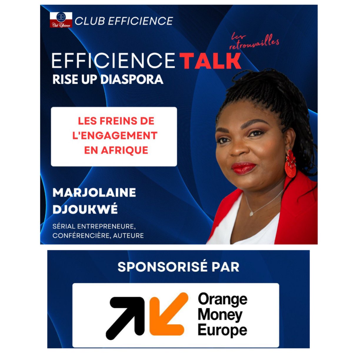 EFFICIENCE TALK ! @Club_Efficience 
Quels sont les freins de l’engagement en Afrique ? avec #AlainFoka et #ElieNkamgueu, nous nous plongerons dans les racines de ces obstacles Marjolaine D 🌱🍷📕  Entrepreneure se fera l’animatrice de ce TALK.
my.weezevent.com/efficience-tal…?