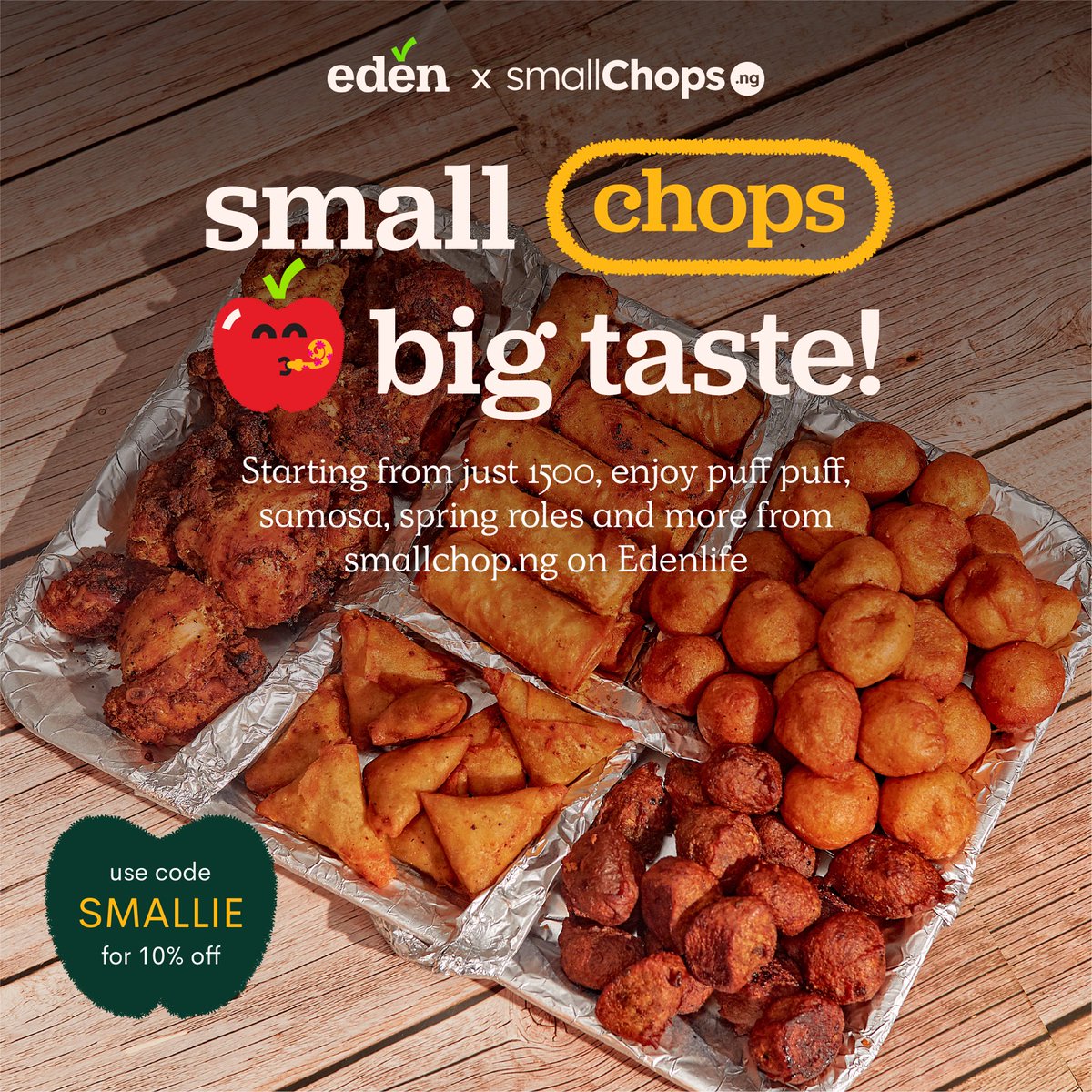 Party in you mouth.🎉🥳 With menu starting from just N1500, there is something for everyone on Smallchopsng. Get 10% off your order. Use SMALLIE at checkout