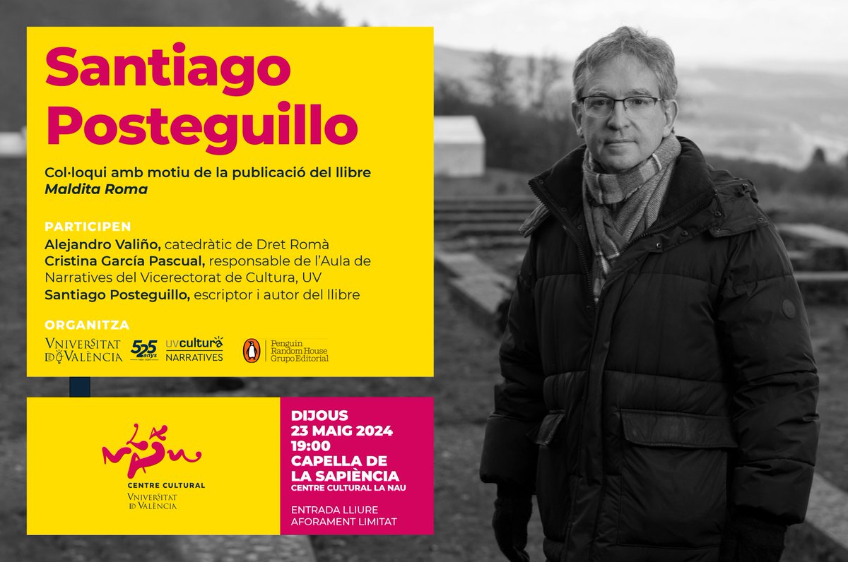 🔵@SPosteguillo, Premi Planeta 2018, visita el #CCLaNau per a presentar un col·loqui amb motiu de la publicació del seu llibre 𝗠𝗮𝗹𝗱𝗶𝘁𝗮 𝗥𝗼𝗺𝗮 🗓️Dijous 23/05, 19h 📍Capella de la Sapiència