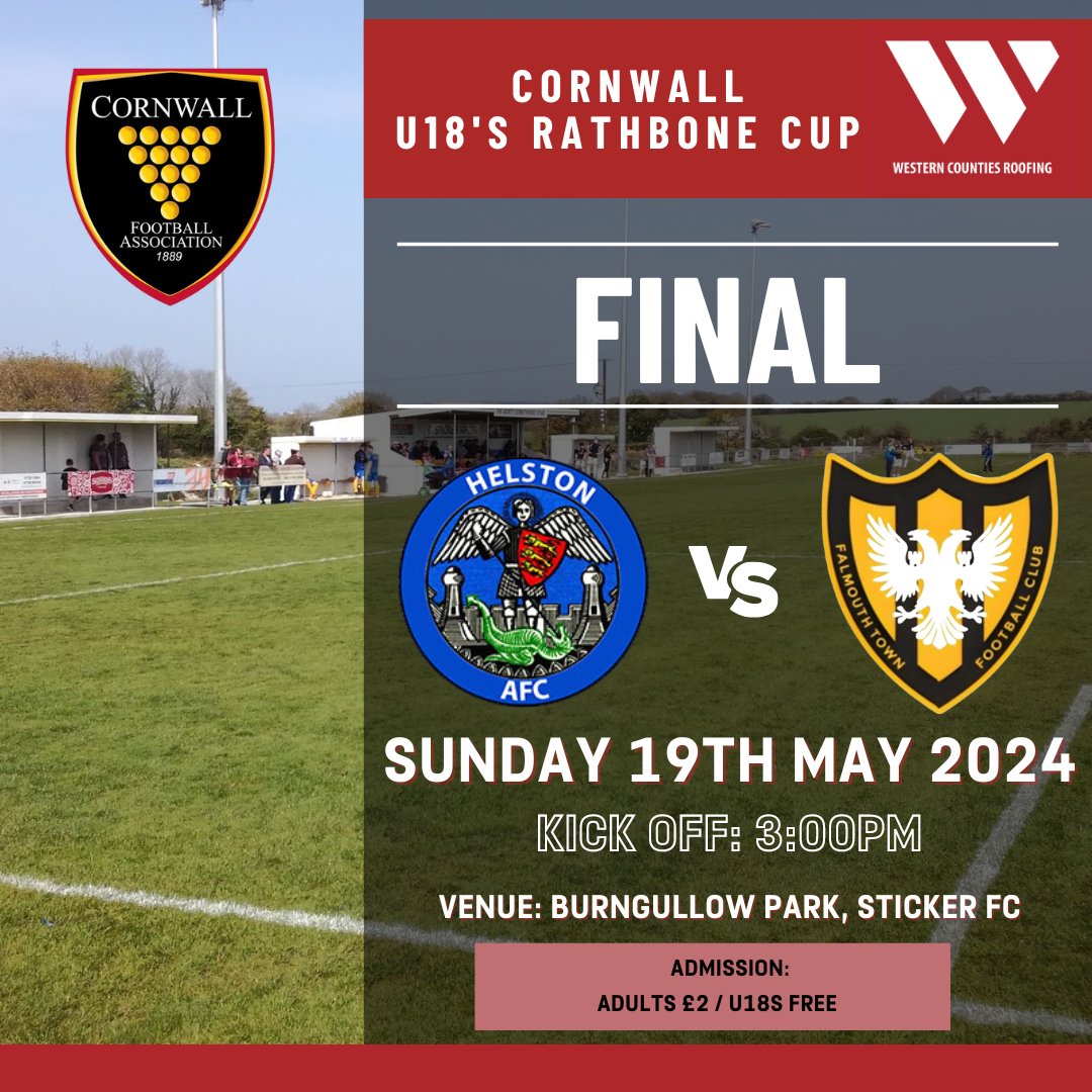 Cornwall FA (@cornwallfa) on Twitter photo Next up in the County Youth Cups:
π <a href="/WCR_Ltd/">Western Counties Roofing Ltd</a> Cornwall U18's Rathbone Cup Finalπ
<a href="/HelstonU18s/">Helston AFC u18s</a> π <a href="/Falmouth_Town/">Falmouth Town FC</a> U18
πKick Off: 3:00PM
πVenue: <a href="/StickerAFC/">Sticker AFC</a>, Burngullow Park, PL26 7EN
π« Β£2 Adult / U18's Free
Can't wait to see you all for an exciting weekend of football!β¨π€© Next up in the County Youth Cups:
π <a href="/WCR_Ltd/">Western Counties Roofing Ltd</a> Cornwall U18's Rathbone Cup Finalπ
<a href="/HelstonU18s/">Helston AFC u18s</a> π <a href="/Falmouth_Town/">Falmouth Town FC</a> U18
πKick Off: 3:00PM
πVenue: <a href="/StickerAFC/">Sticker AFC</a>, Burngullow Park, PL26 7EN
π« Β£2 Adult / U18's Free
Can't wait to see you all for an exciting weekend of football!β¨π€©