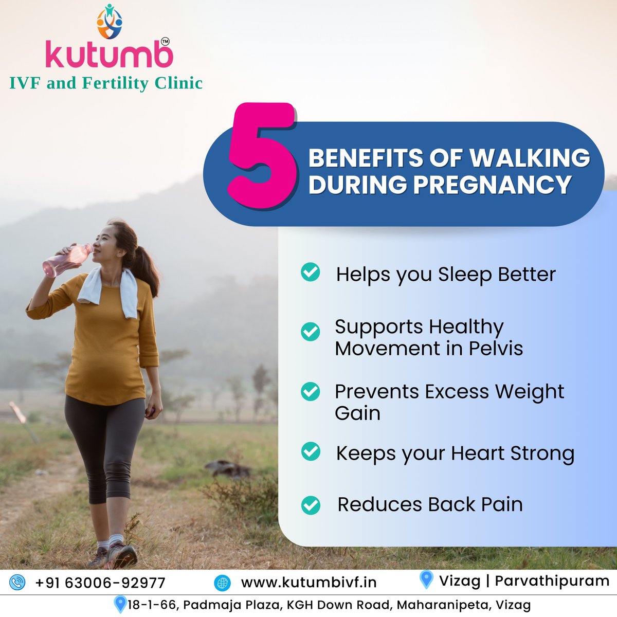 Embrace the benefits of walking during pregnancy. Contact our expert now: +91 63006-92977 #pregnancy #parenthood #ivf #ivfcost #testtubebaby #testtubebabycentre #ivftreatment #ivftreatmentprocess #ivfclinic #bestivfclinic #ivfcentre #ivfhospital #vizag #fertiliycentre #kutumb