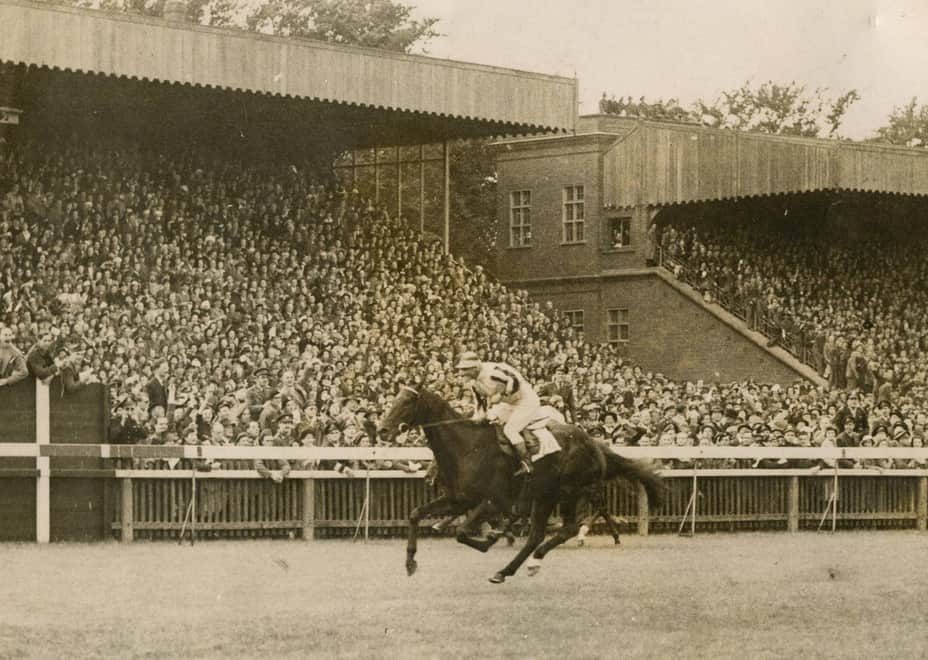 Dante (Billy Nevett) trained by Matt Peacock. Won on his racecourse debut in 1944 - Linthorpe Stakes at Stockton then won Coventry Stakes & Middle Park. In 1945 he was 2nd in 2,000 Guineas to Court Martial & then won the Derby; last Yorkshire trained horse to win the race. 🏇👏