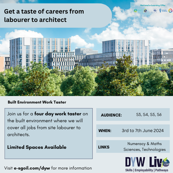 S3-S6 pupils interesting in all a career in the Building Trae? This week is just for them! 🗓️3-7 June 🔗bit.ly/DYWLiveWT @eSgoil @EducationScot @ESskills @DYWScot