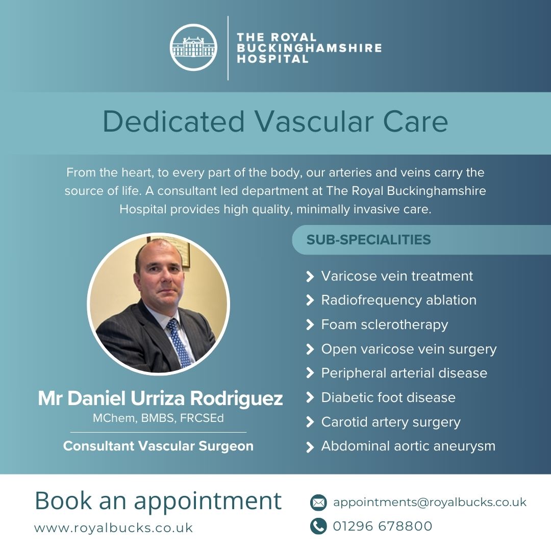 Meet Mr Rodriguez: Consultant Vascular Surgeon now running clinics at The Royal Buckinghamshire Hospital.

Call us on 01296 678800 or email appointments@royalbucks.co.uk to book an appointment.

#RoyalBucksHospital #VascularHealth #Vascular #VascularCare #VaricoseVeinTreatment