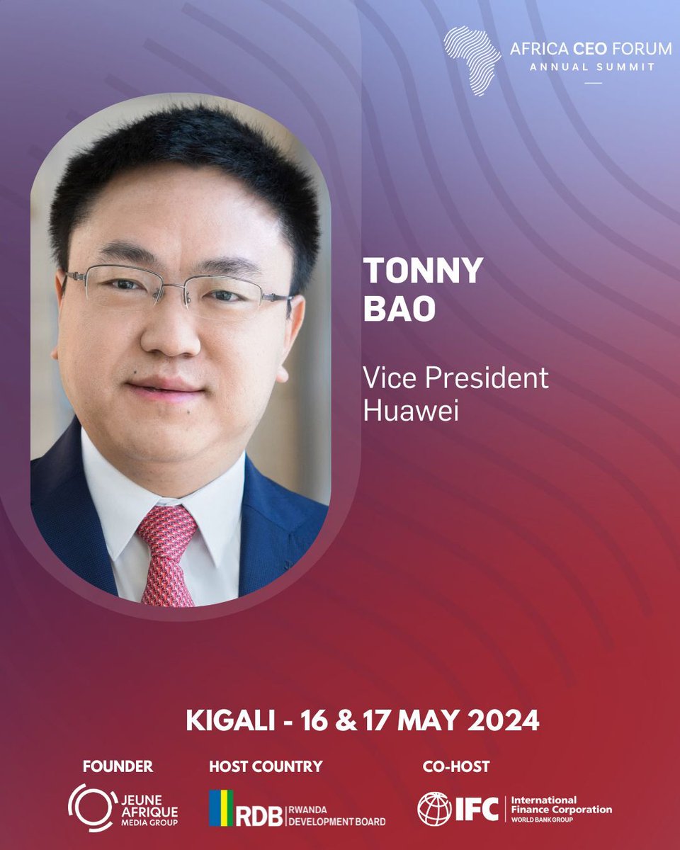 Join Tonny Bao, Vice President at #Huawei, for a compelling panel discussion at the @africaceoforum 2024. Don't miss 'Industry Outlook | Big Tech and Telcos: Splitting the Bill on Digital Infrastructure' on May 17 from 12PM in #Kigali, #RWANDA. 
👉 Secure your spot for #ACF2024