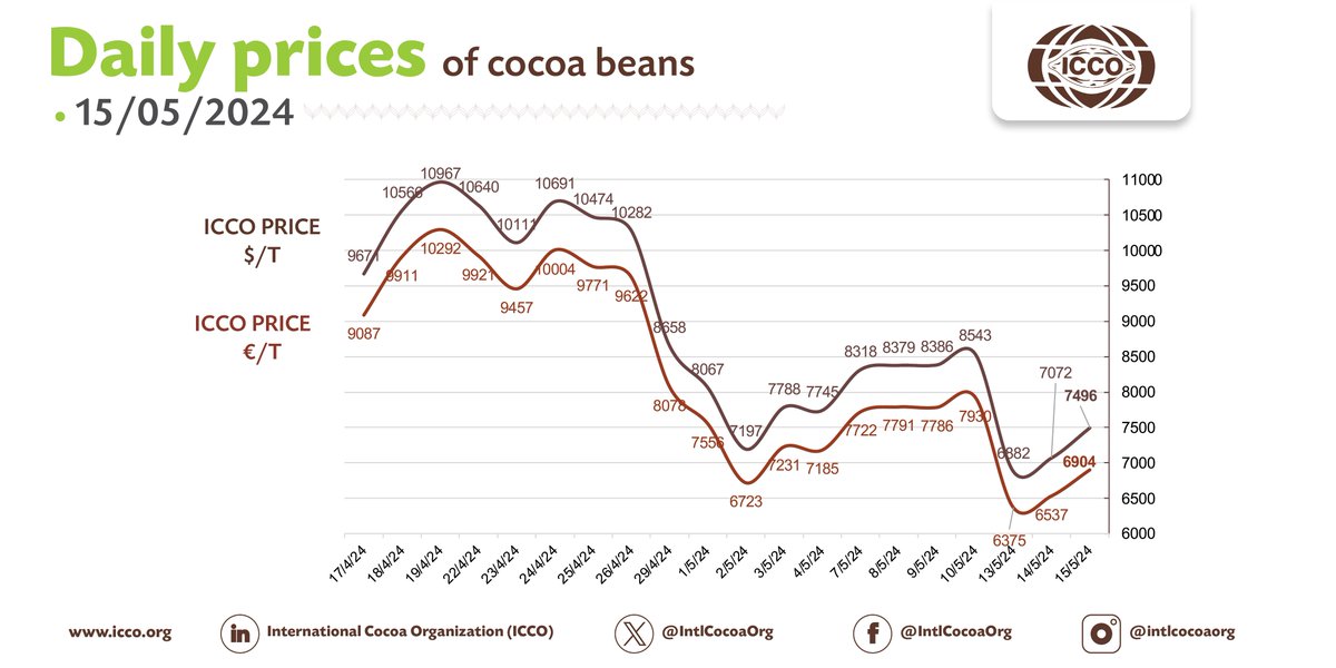 🔴 15/05/2024 #Cocoa Daily Prices - Prix du jour - Precios diarios - Ежедневные цены 💵 ICCO daily price - 7496.16 $/T 💶 ICCO daily price - 6904.34 €/T More #cocoa statistical info in our webpage🔗bit.ly/36Ad74r #ICCOCocoaHub #ICCOCocoaData #ICCOCocoaKnowledge