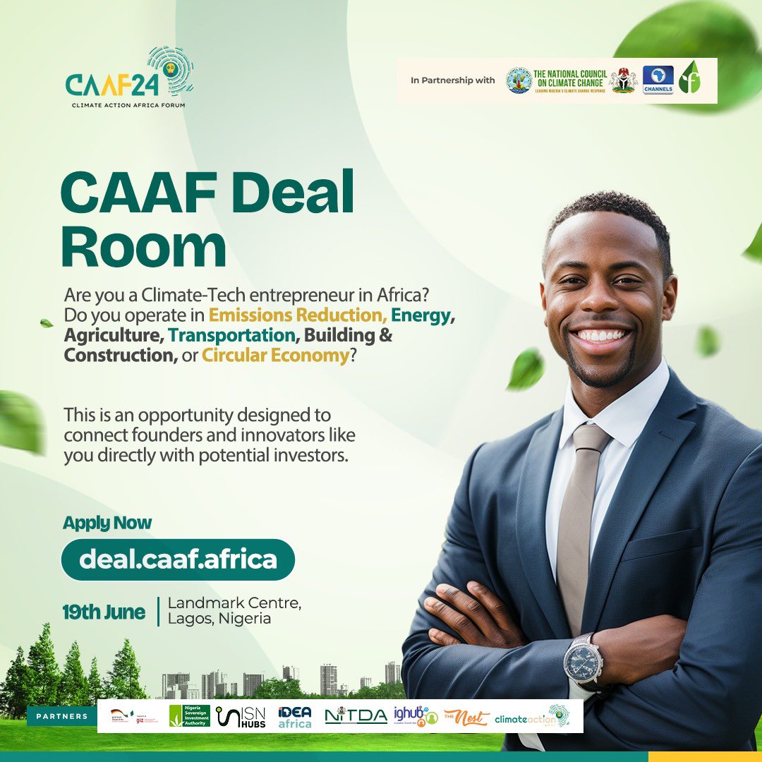 Transform your climate solution at #CAAF24 Deal Room. Face-to-face with leading investors in Lagos. Be there! Register now deal.caaf.africa #GreenEconomy #TechForGood

@climateactionaf