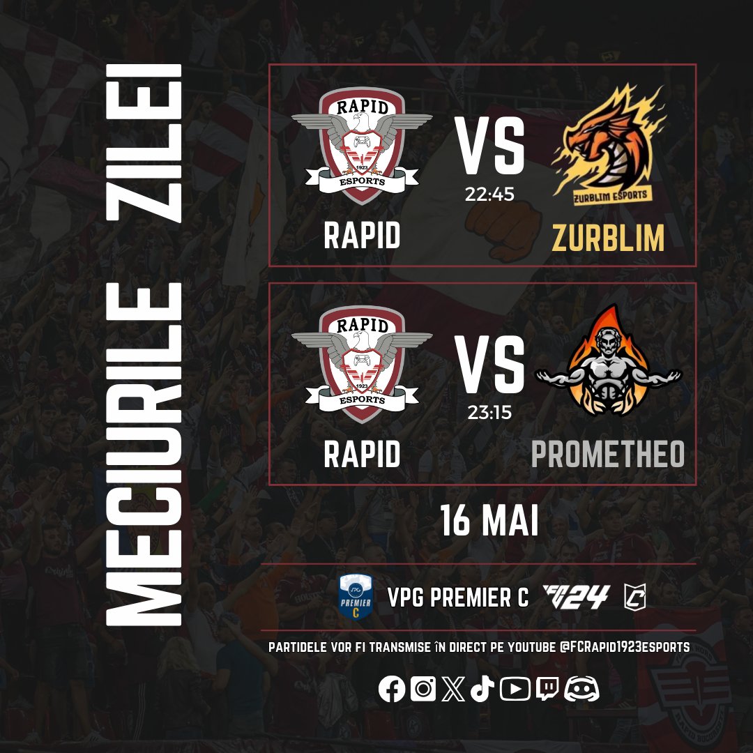 📅Thursday, May 16th, 2024

🏆<a href="/VPGBalkan/">Virtual Pro Gaming Balkan™️</a>
🆚 <a href="/Nativ_City_eS/">Nativ City eSports</a> 🕑22:00
🆚 Burazzers eSports 🕑22:25 

🏆<a href="/VPGPremier/">VPG Esports Premier</a>
🆚 Zurblim Esports 🕑22:45
🆚 @PrometheoEs 🕑23:15

Watch on YouTube: Rapid eSports TV.

#EAFC24 #FC24Clubs