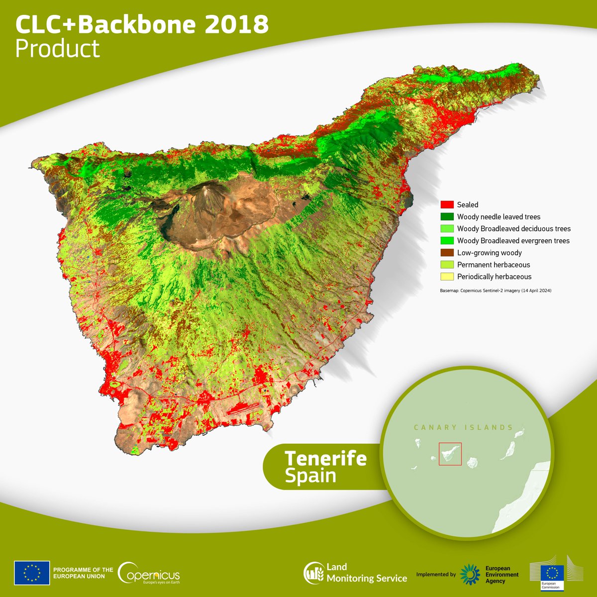 #Copernicus for #EUGreenDeal The @CopernicusLand CLC+ Backbone product draws from #Sentinel2 data to provide detailed info on land cover across Europe 🇪🇺, supporting the implementation of policies on ➡️ Land and forest use🌲 ➡️ Greenhouse Gas emissions ⬇️Tenerife, Spain🇪🇸