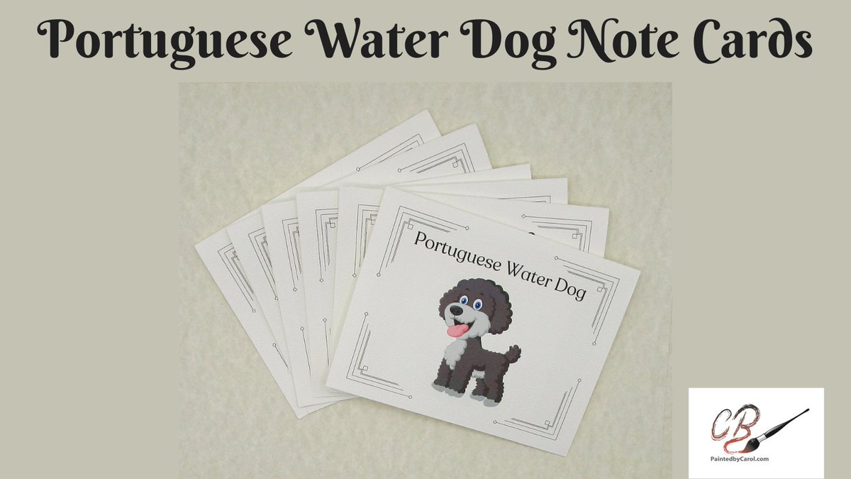 Our sweet Portuguese Water Dog note cards make an exceptional gift! They come in a gift-boxed set of six. Click the link to order today! #PWD #Gifts paintedbycarol.etsy.com/listing/153034…