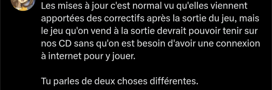 Ça me flingue cette acception qu'un jeu soit buggé a sa sortie...