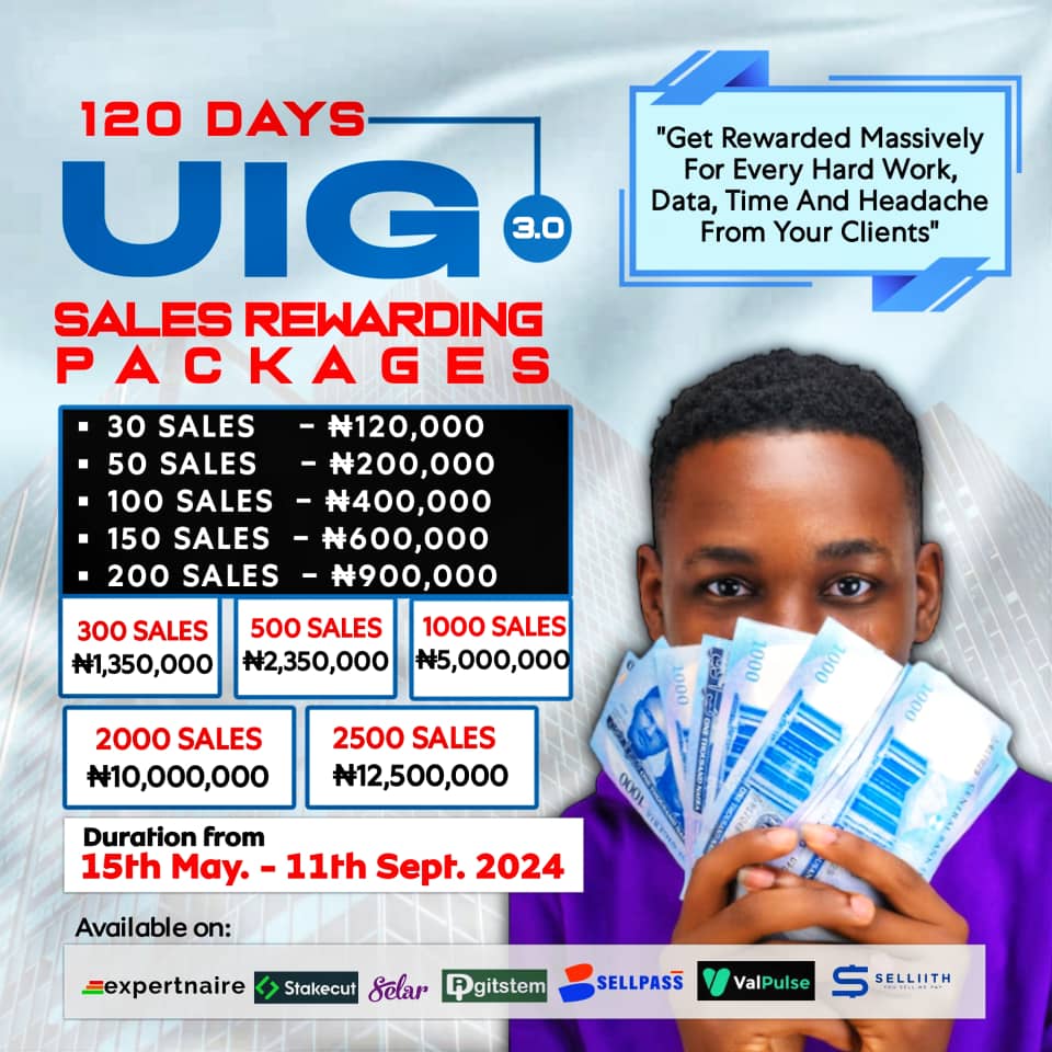 jacobkasiemobi's tweet image. The UIG Sales Challenge 3.0 started yesterday, 15th May 2024, and it will be ending on the 13th of September.
With 2,500 sales in the space of 120 days, you will be going home with 12.5 million naira, and as small as 30 sales, you will be smiling with 120 thousand.