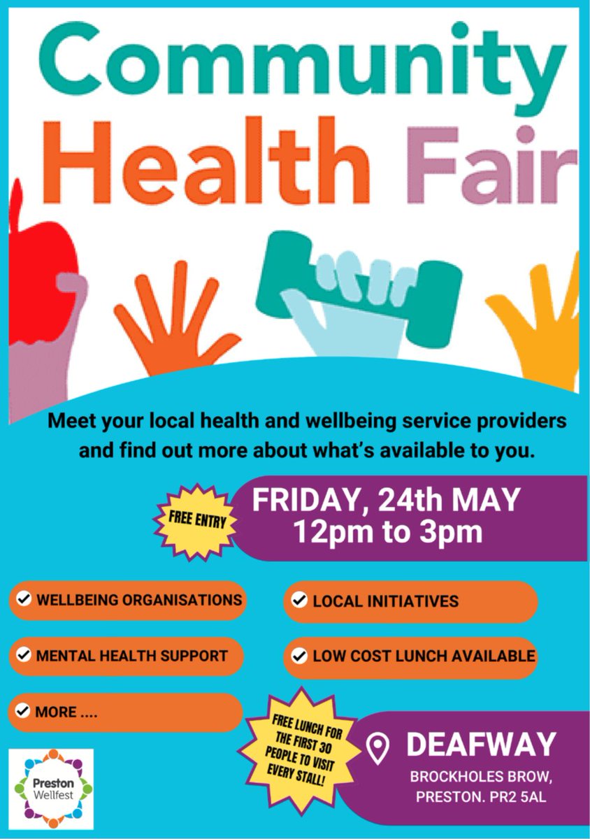 Preston Wellfest (@prestonwellfest) on Twitter photo It just over a week until out Health & Welbeing event, and we cant wait to see you there.
These are some of the great organisations who will be there <a href="/LancashireWomen/">Lancashire Women | Charity</a> <a href="/HW_Lancashire/">Healthwatch Lancashire (HWL)</a> <a href="/AMPARO_LEM/">Amparo - Support Following Suicide</a> <a href="/SafeNet_UK/">SafeNet</a> <a href="/TalkingLSCFT/">NHS Lancashire & South Cumbria Talking Therapies</a> <a href="/LSCft_CRoots/">Community Roots LSCft</a> <a href="/WeAreWithYou/">With You</a> <a href="/RenaissanceDLL/">Renaissance UK</a>
1/2 It just over a week until out Health & Welbeing event, and we cant wait to see you there.
These are some of the great organisations who will be there <a href="/LancashireWomen/">Lancashire Women | Charity</a> <a href="/HW_Lancashire/">Healthwatch Lancashire (HWL)</a> <a href="/AMPARO_LEM/">Amparo - Support Following Suicide</a> <a href="/SafeNet_UK/">SafeNet</a> <a href="/TalkingLSCFT/">NHS Lancashire & South Cumbria Talking Therapies</a> <a href="/LSCft_CRoots/">Community Roots LSCft</a> <a href="/WeAreWithYou/">With You</a> <a href="/RenaissanceDLL/">Renaissance UK</a>
1/2