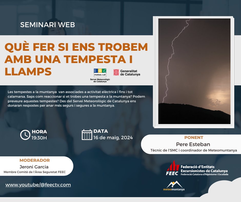 📢 Avui, a partir de les 19.30 h, seguiu en directe 📺 un nou seminari web de seguretat a la muntanya. Què fer si ens trobem amb una tempesta? ⛈️ 🧑‍🏫 🎙️ @pereesteban @meteocat #meteomutanya Podràs seguir-lo aquí ➡️tuit.cat/vO8x9 #sentlamuntanya #sommuntanya