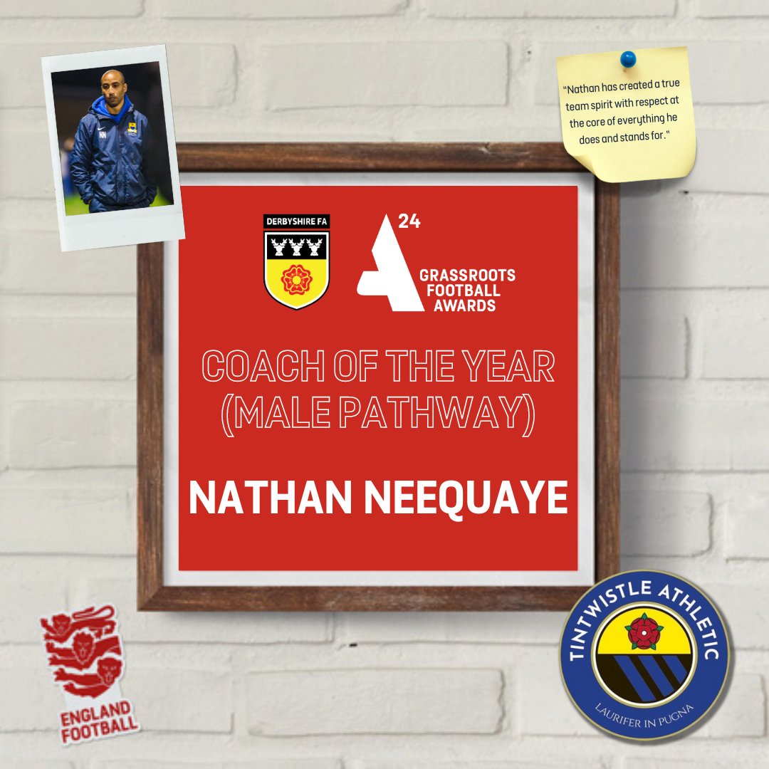 COACH OF THE YEAR (MALE PATHWAY) - Nathan Neequaye (@TinnyAthleticFC) 🏆 Head coach of Tintwistle Athletic's first team, Nathan has led them to 2x County Cup wins, a League Cup and their best ever league finish. He inspires confidence and belief in his team. #GRFA24