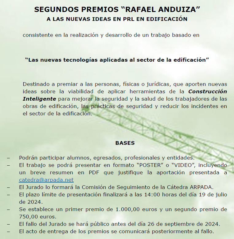 juanlopezasiain's tweet photo. Convocada la 2ª edición de los premios "Rafael Anduiza" para nuevas ideas en PRL en la #Edificación
Convocados por la Catedra #Arpada de la @ETSEM_UPM
No dejes de participar!!! Tienes hasta el 19 de julio
#ArquitecturaTecnica
#ConectAT https://t.co/b1ue0jU80B