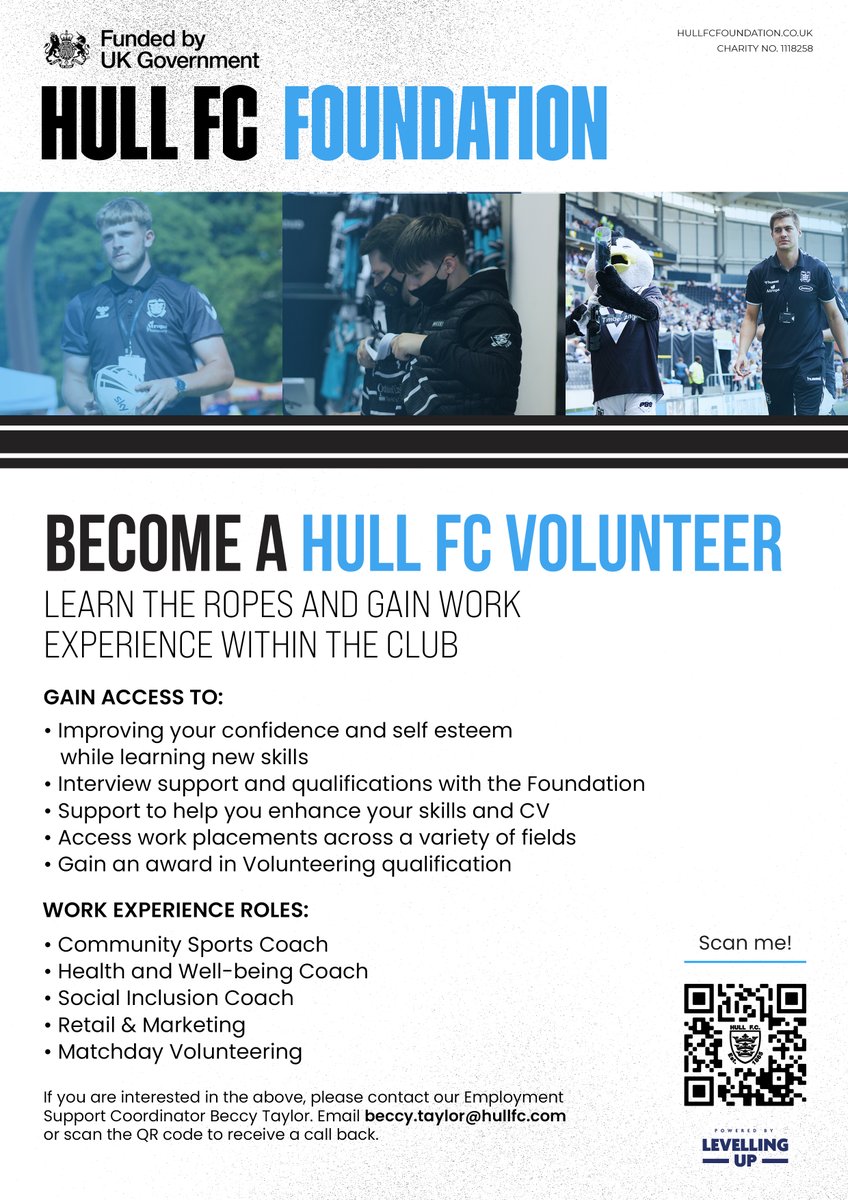 Volunteer for Hull FC through the Community Foundation, with a new Level 2 programme getting underway - it could kickstart your career! 🚀 Full Details 👉 tinyurl.com/yyy8h8x4