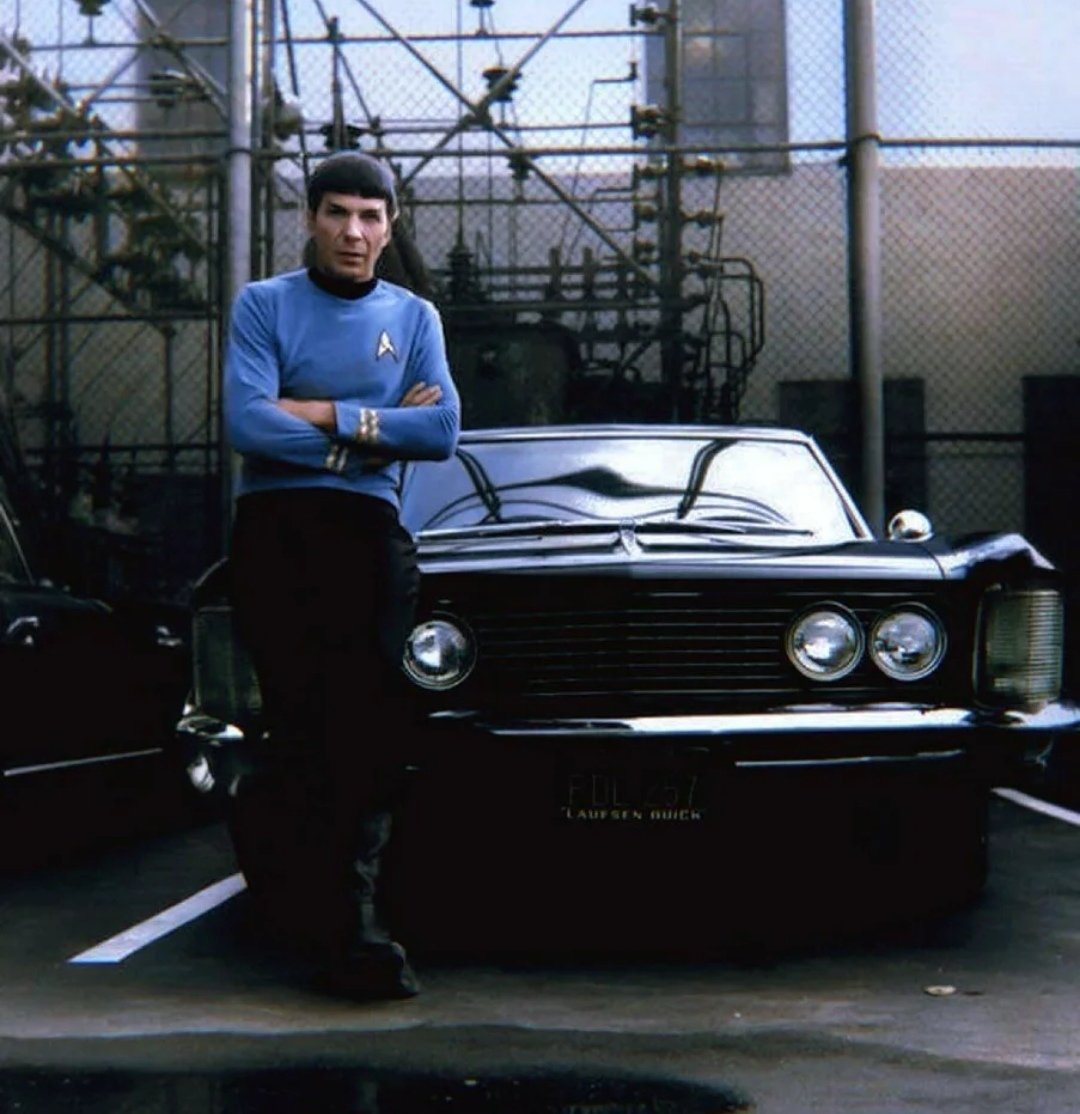 Leonard Nimoy, in character, with his 1964 Buick Riviera. Warp speed! #ThrowbackThursday
