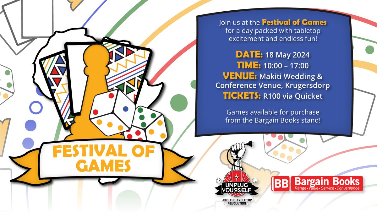 Are you a board game lover? Do you enjoy a challenge? Have you been looking for a day filled with engaging fun? If you answered, 'yes' to any of the above questions then the festival of games is for you. See you there! @UnplugZA