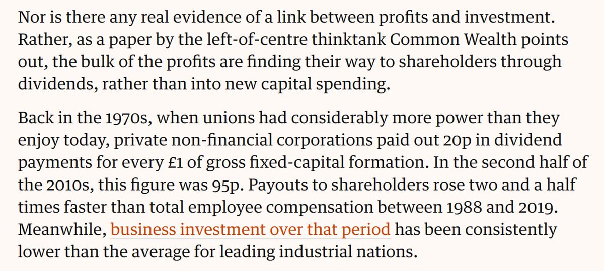 Good to see analysis from @Cmmonwealth covered in the @guardian by Larry Elliott. In the 1970s, dividends stood at 20p for every £1 of gross fixed-capital formation. By the late 2010s the figure was 95p.