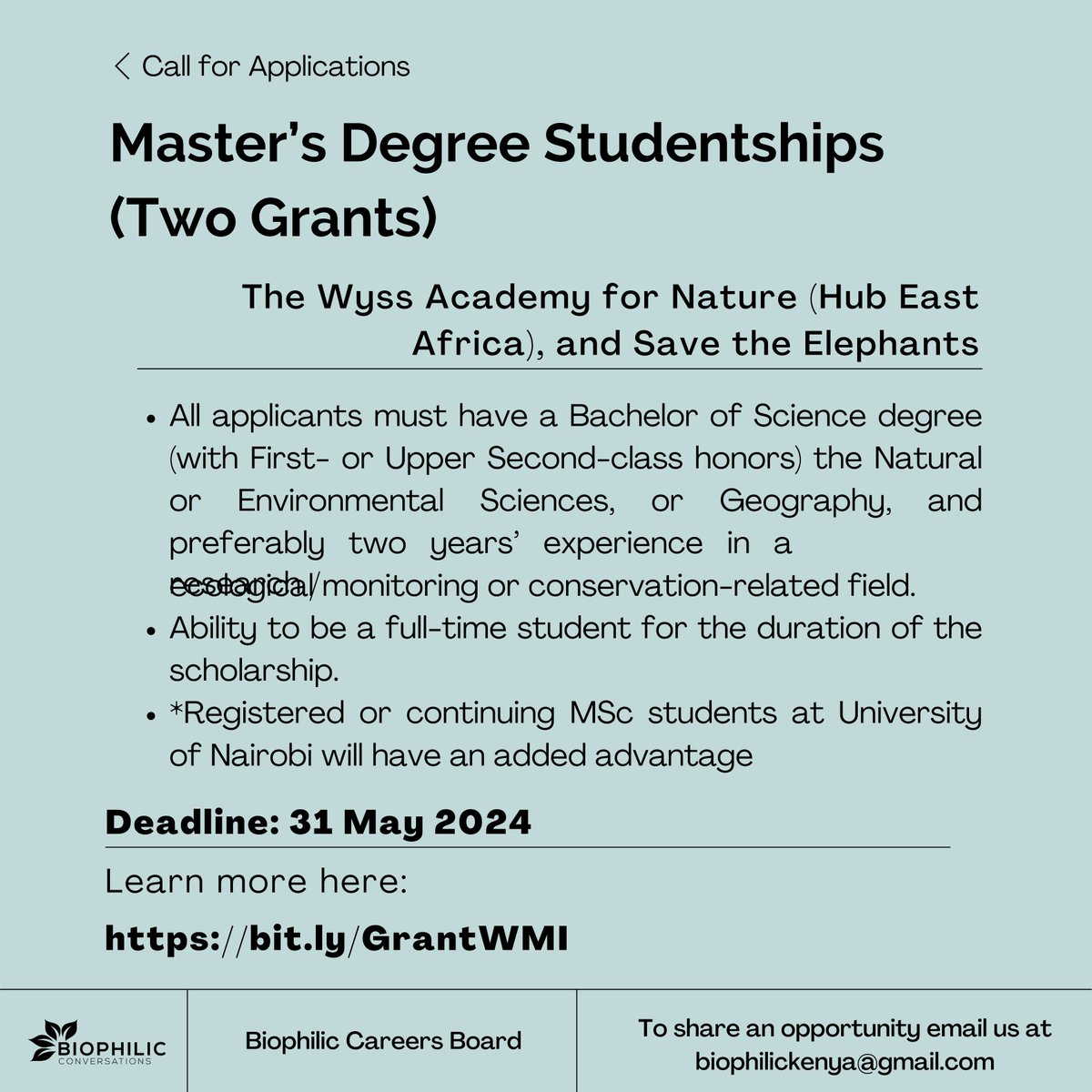 Exciting Opportunity Alert! TWO Master’s Degree Studentships for 2024! 🗓️May 31st, 2024 🔗 bit.ly/GrantWMI #BiophilicCareersBoard