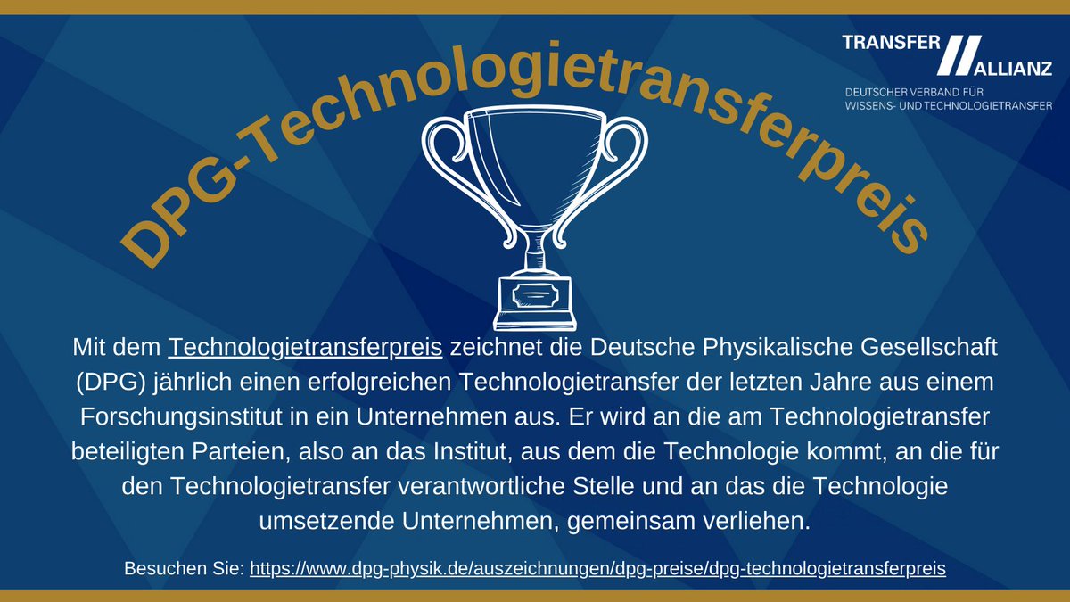 DPG-#Technologietransferpreis

Kriterien:
✅ Technologischer Durchbruch aus der #Wissenschaft / physikalischen #Forschung in die Anwendung
✅ Kommerzialisierung
✅ Produkt im Markt

Deadline ist der 30. Juni 24

Zum Deutsche Physikalische Gesellschaft e.V. dpg-physik.de/auszeichnungen…
