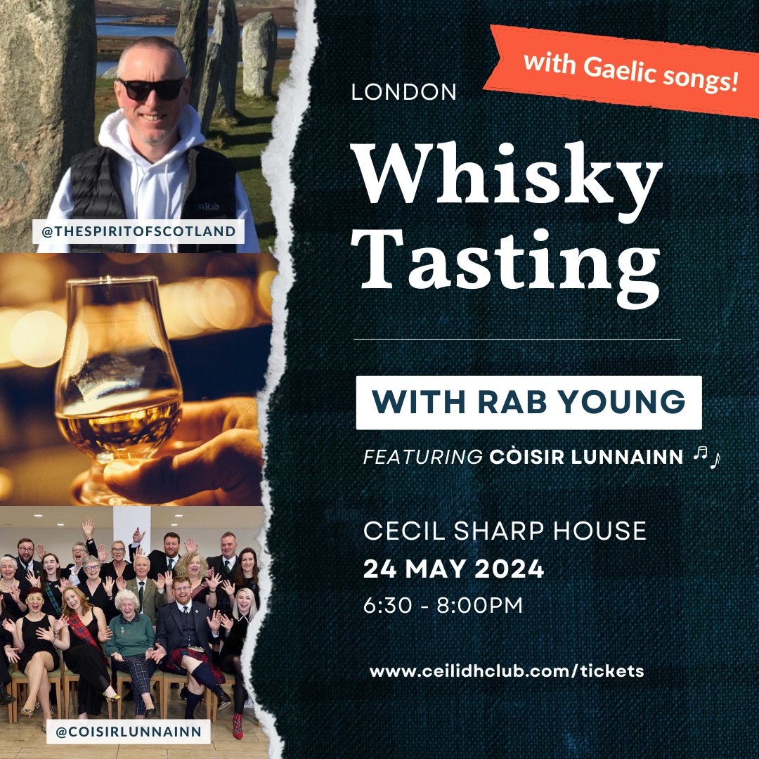 NEXT WEEK! 🚨 This will be our 3rd whisky tasting, and they are lovely, friendly events 🥃 Learn about 4 different drams with Rab & enjoy the wonderful singing of @coisirlunnainn + a discounted entry to the ceilidh after! #london #whisky #tasting #gaelic #choir
