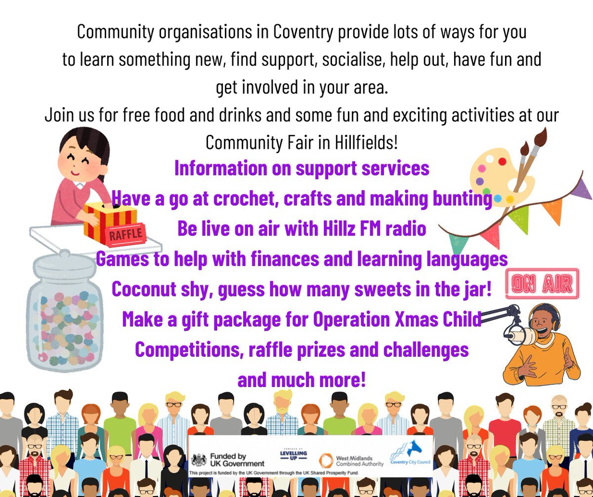 Eeeeeeee only 1 week to go until our final #communityfair!! This time we'll be taking #Hillfields by storm at @WATCHCHARITY complete with a #RadioTakeover of Hillz FM Coventry 98.6!! Not one to be missed 😁😁
#GetOnTheRadio
#UKSPF #communityspirit