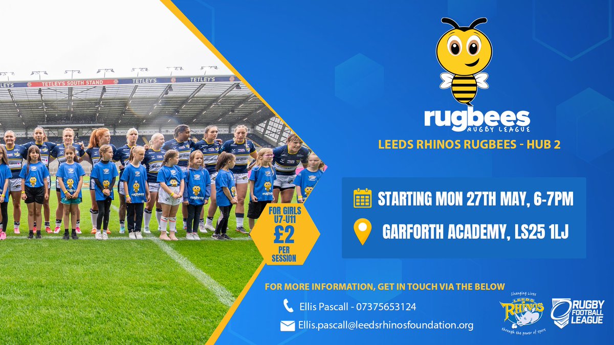 🐝 𝗥𝘂𝗴𝗯𝗲𝗲𝘀 𝗶𝘀 𝗯𝗮𝗰𝗸!

Calling all young girls, aged 7-11, looking to get into Rugby League👧

Kicking off next week, we have 2️⃣ hubs running in the city, designed to develop skills and confidence in a fun and friendly environment🏉

Sign up 👉 bit.ly/49RUG8K