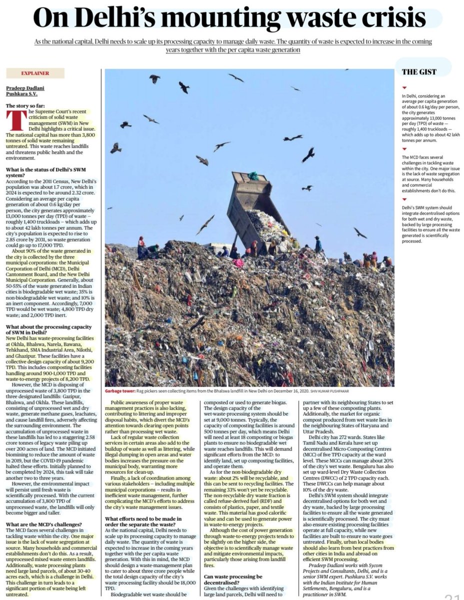 'On Delhi's mounting Waste Crisis'

:Well Explained by Sh Pradeep Dadlani & Sh Pushkara S.V.

#SupremeCourt -criticism of #Delhi Solid Waste Management, its status, current capacity,MCDs challenges, decentralization &
More info..

#WasteManagement #SWM #Landfills
#Health 

#UPSC