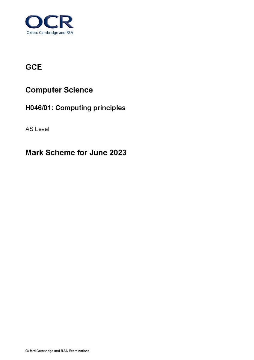 Alizai1587850's tweet image. OCR As Computer Science Paper 1 2023 Mark Scheme H046 01 Computing Principles  
hackedexams.com/item/13438/ocr… 
#2023ocras #ocrascomputersciencepaper1 #computerscience2023 #AsComputerScienceMarkScheme #H046 01 #hackedexams